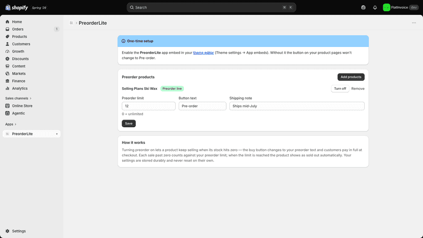 Dashboard: product set to Preorder live with limit and note