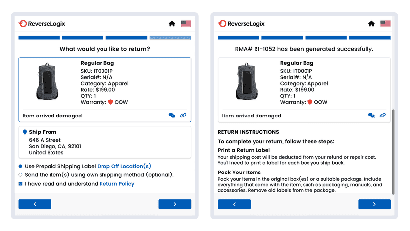 Return Portal – RMA created with shipping label and summary