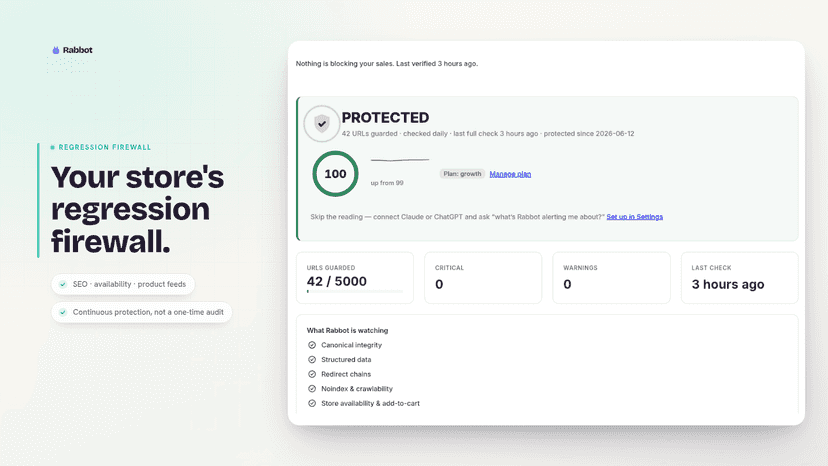 Rabbot dashboard showing a store fully protected, score 100