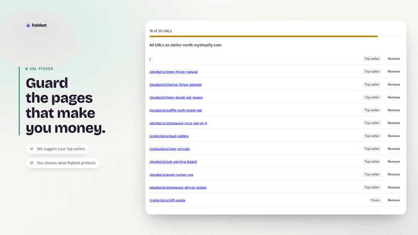 URL picker guarding top sellers, 18 of 20 pages chosen