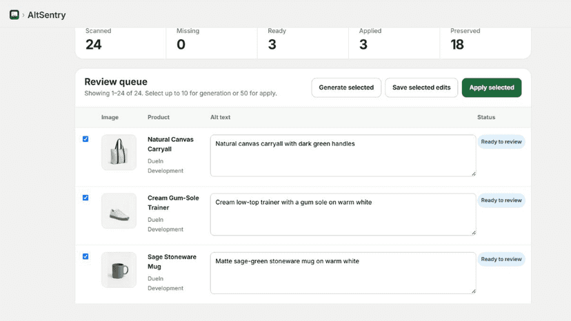 Three product-image descriptions ready for merchant review