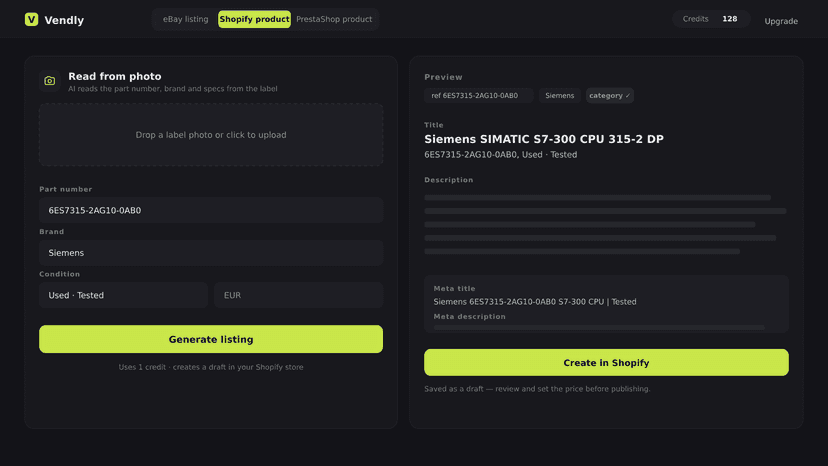 Generating a Shopify product listing from a part number or image