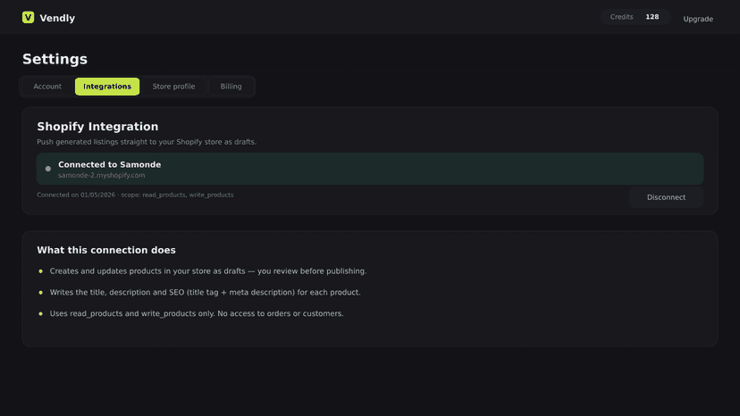 Vendly connected to a Shopify store, drafts and SEO only