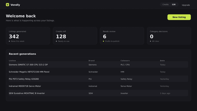Vendly dashboard with recent listings and credit balance