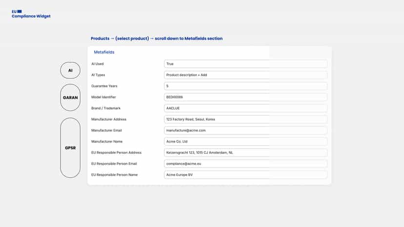 Metafields panel showing GPSR and guarantee fields