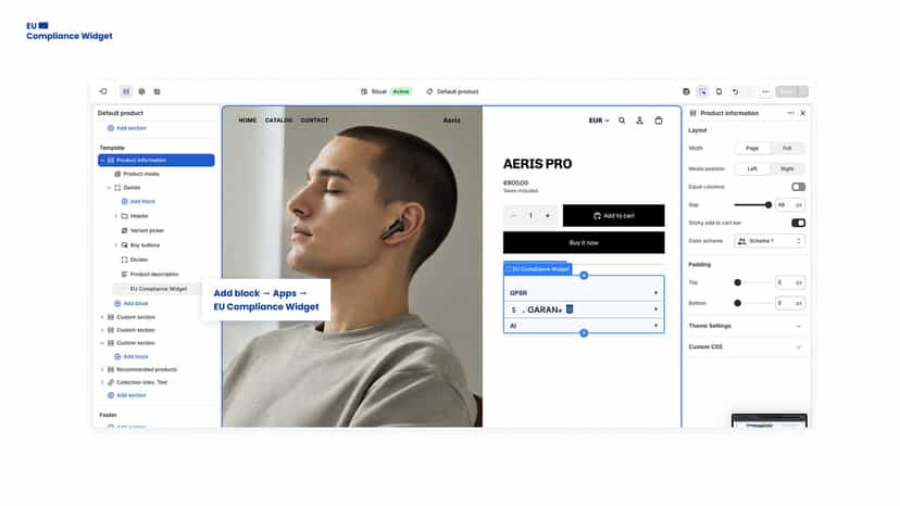 Theme editor with EU Compliance Widget block added