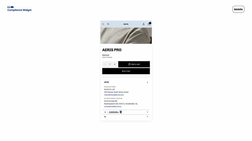 EU compliance accordion on mobile product page