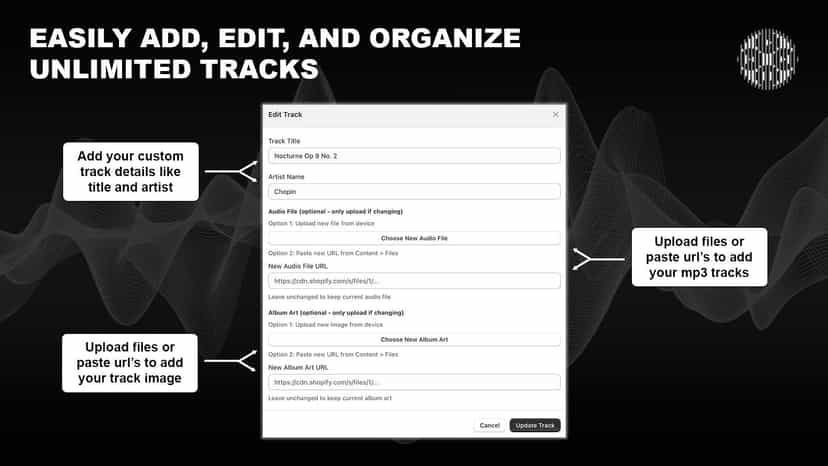 Track editor for MP3 uploads and metadata