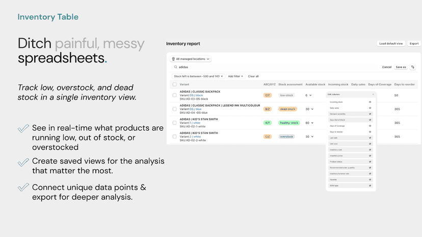 Inventory report listing low, overstock and dead stock items