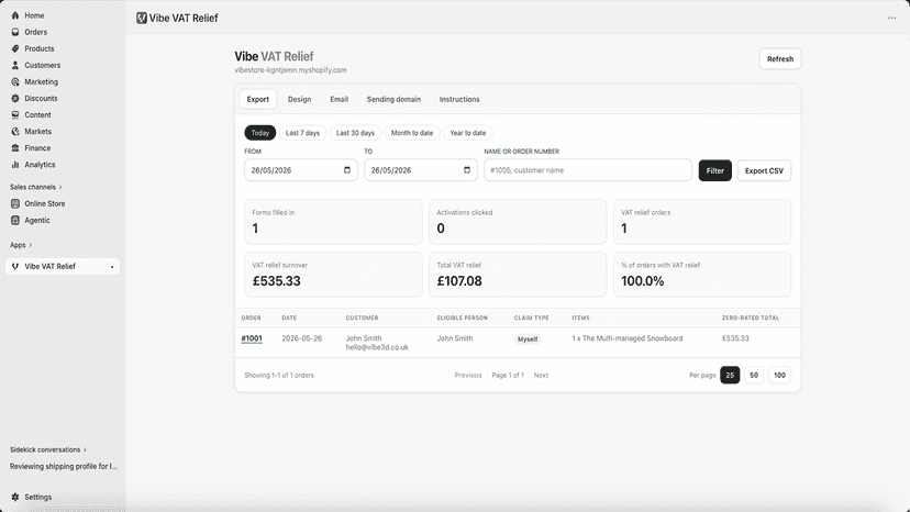 Merchant dashboard showing VAT relief order export