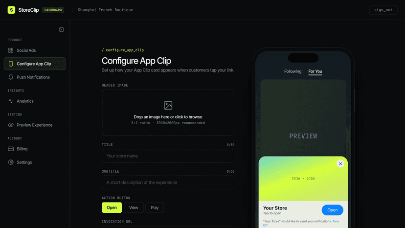 Merchant dashboard showing the app clip configuration