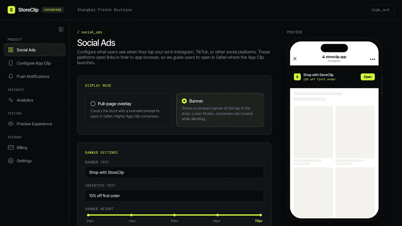 Merchant dashboard showing the social ads configuration