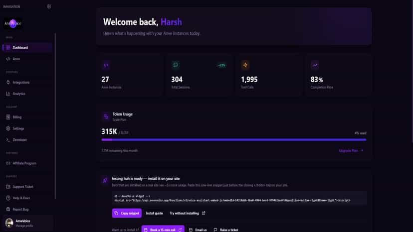Dashboard — live bot stats, token usage & embed snippet