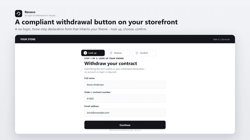 Revoco withdrawal button and three-step form on a storefront