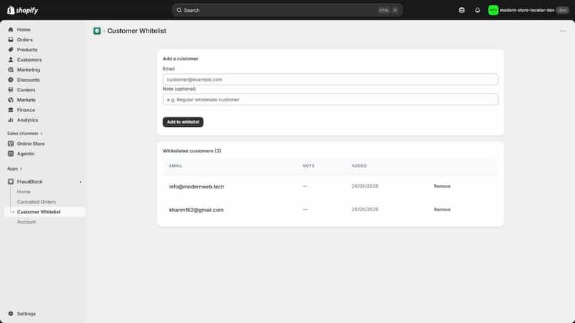 Customer whitelist for trusted buyers to bypass fraud checks.
