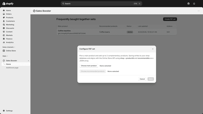 Admin dashboard to configure frequently bought together bundles.