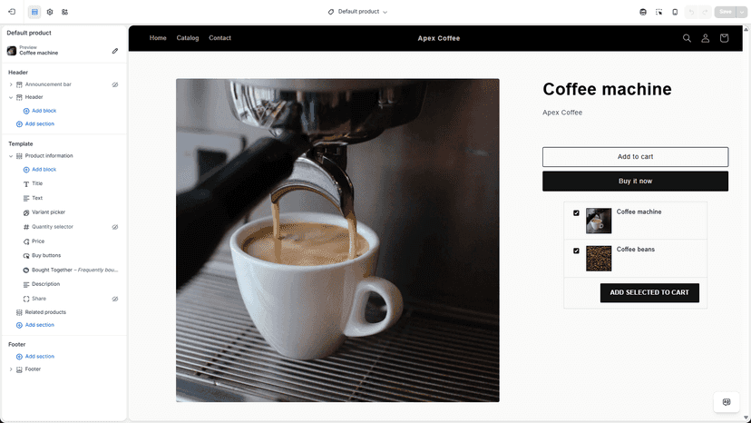 No-code installation via Shopify Theme Editor app blocks.