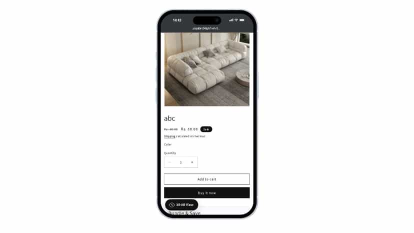 Mobile product page with a floating 3D View button.