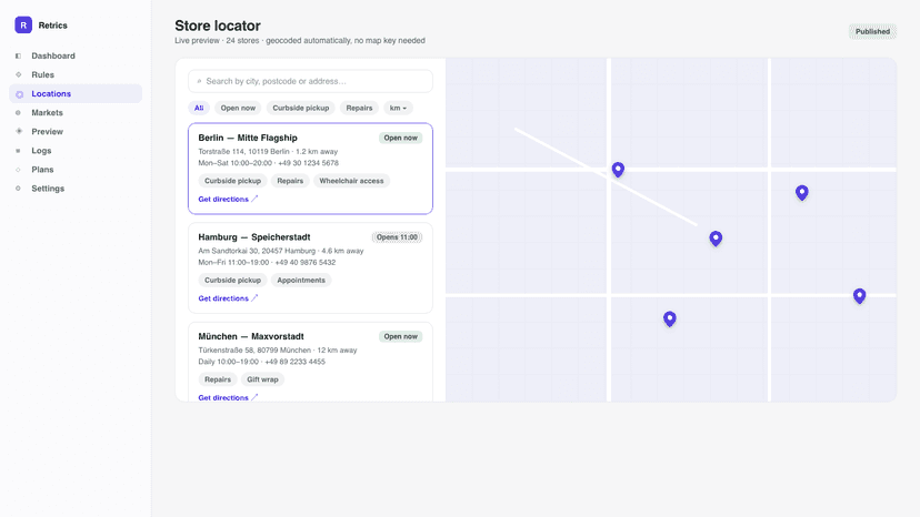 Store locator: map, opening hours, distance and filters