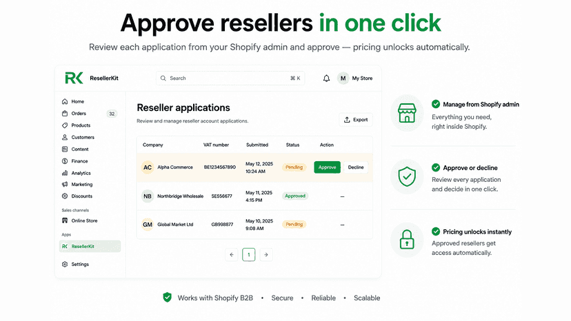 Merchant approving reseller applications in Shopify admin