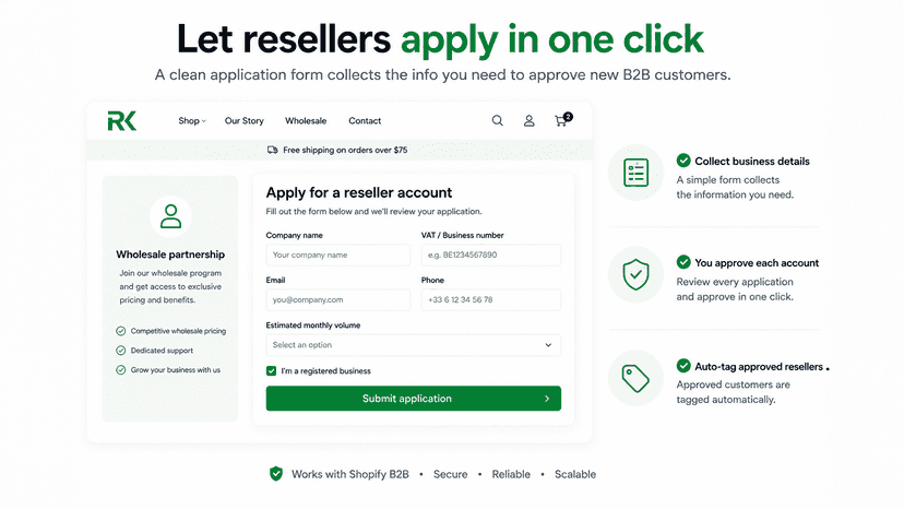 Reseller account application form on the storefront