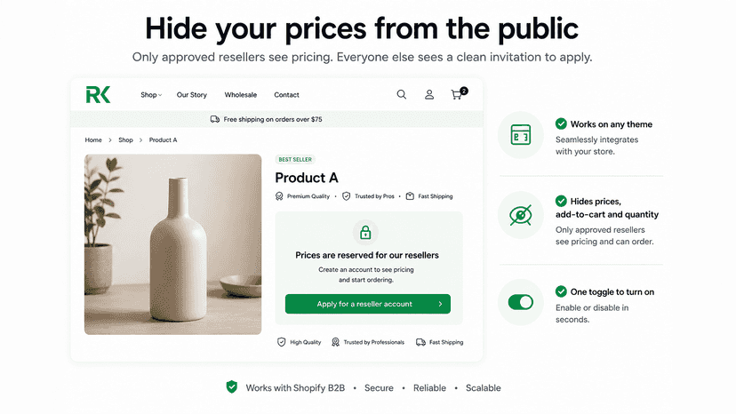 Storefront product page with prices hidden from the public
