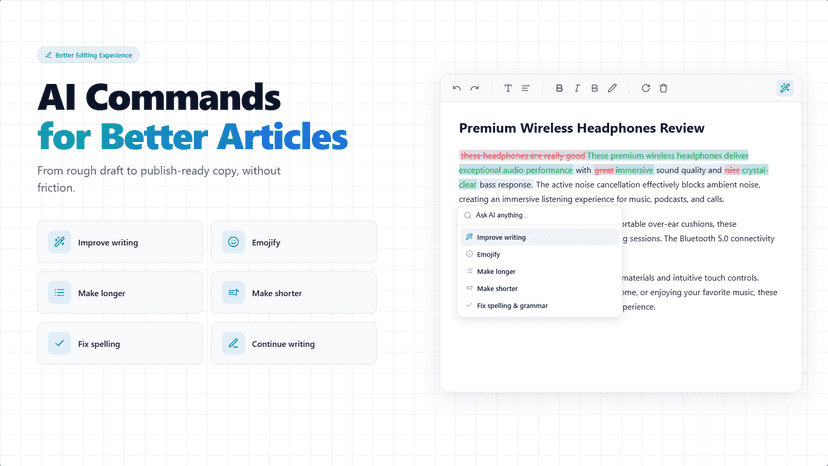 AI Commands for Better Articles. Best Shopify Blog Editor