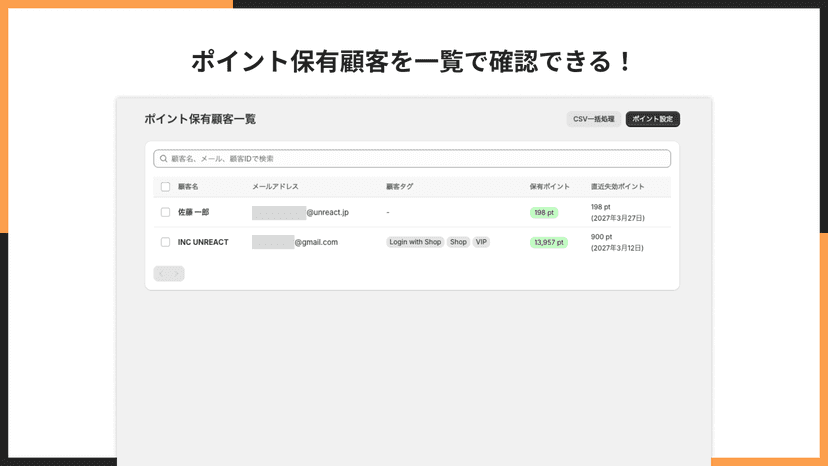 ポイント保有顧客を一覧で確認できる!