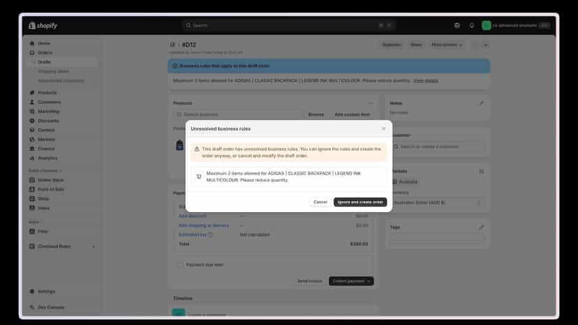 Draft Orders - Cart Rule warning