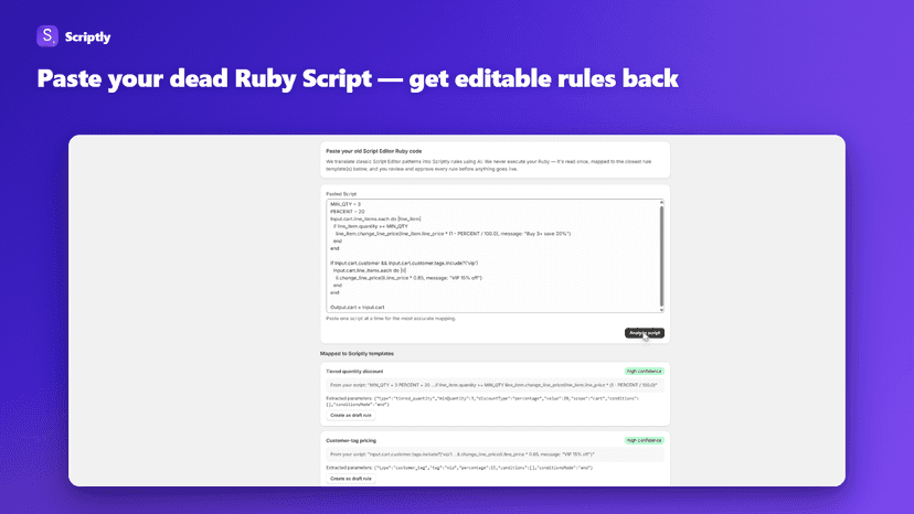 AI importer maps an old Ruby Script to editable rules