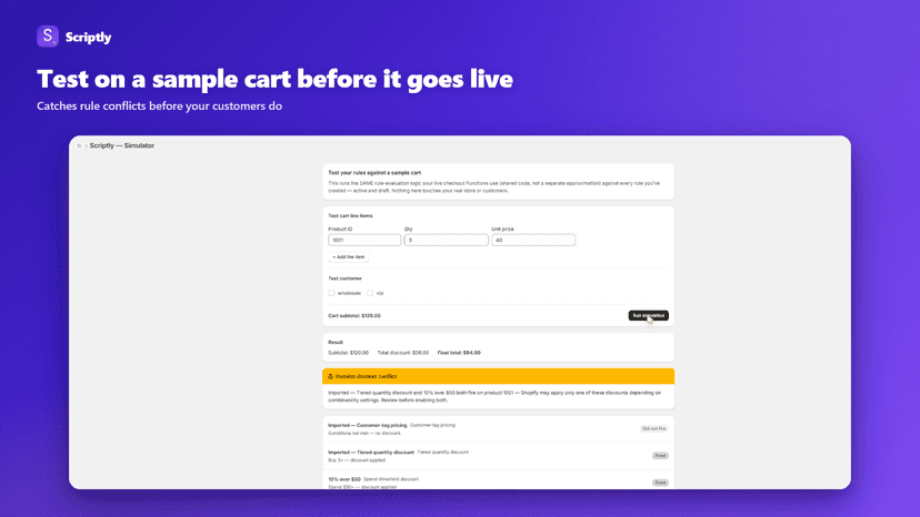 Simulator result with a discount conflict warning