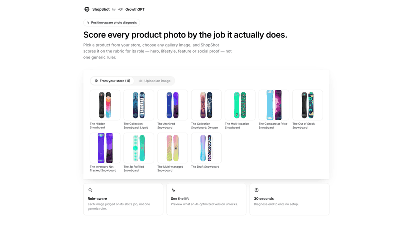 ShopShot home: pick a product photo from your store to score