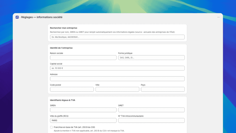 Paramètres complets de votre entreprise et de votre facturation
