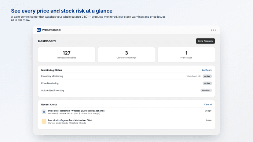 Dashboard: products monitored, low-stock and price issues