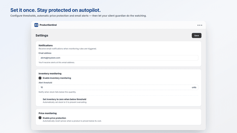 Settings: email alerts, stock thresholds, price protection
