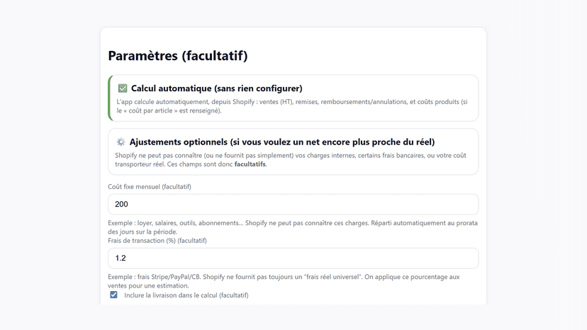Paramètres facultatif Dashboard Profit Net