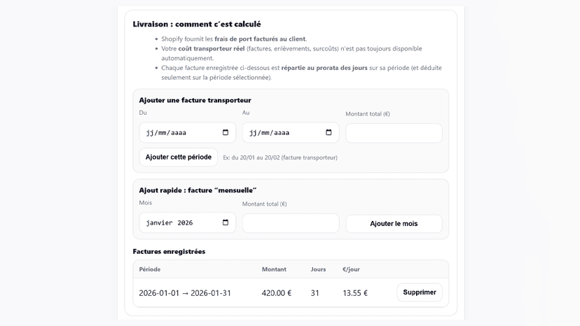 Paramètre Dashboard Profit Net Livraison