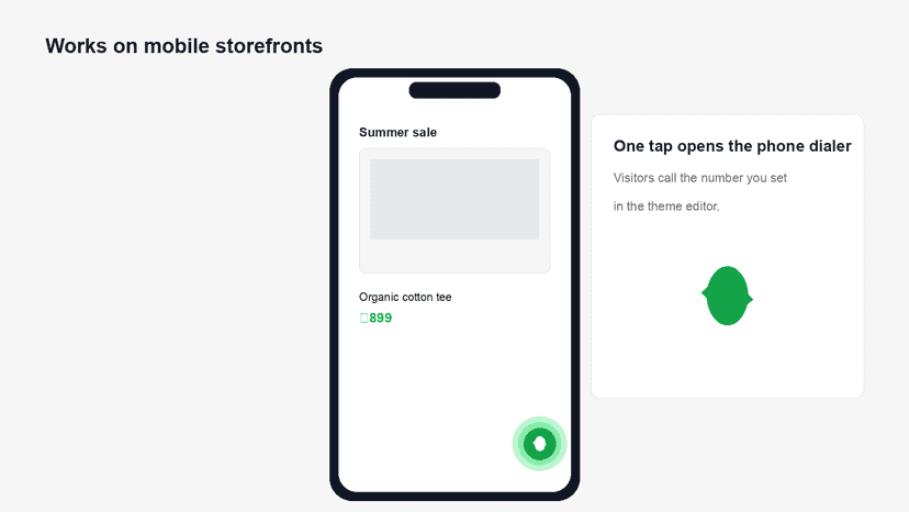 Mobile storefront showing tap-to-call button on product page