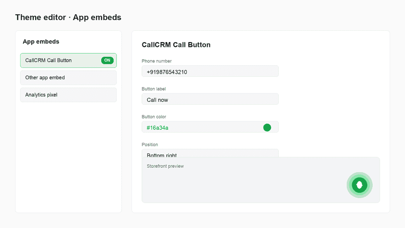 Theme editor app embed settings for the CallCRM call button