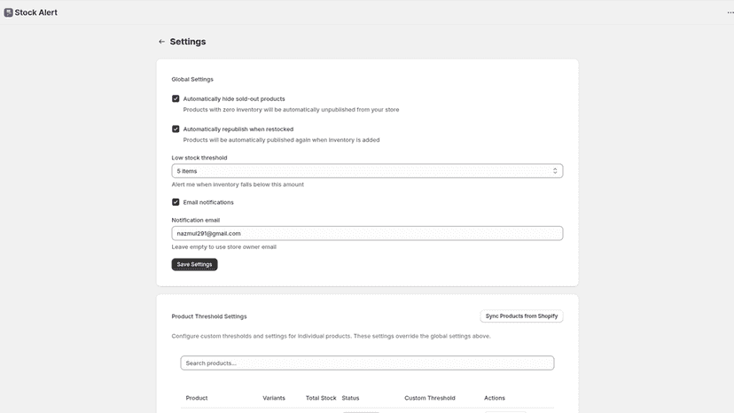 Stock Alert App Settings