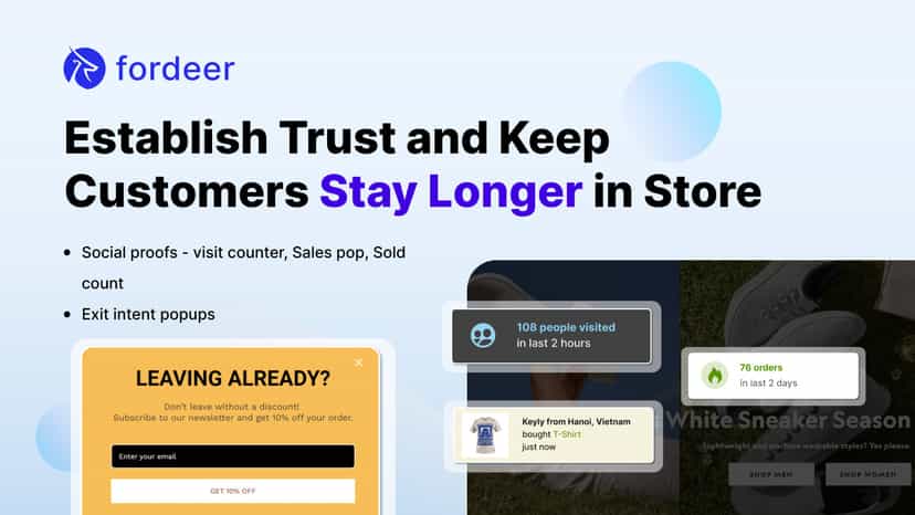 Social proofs, visit counter, sold count, Sales pop, exit intent