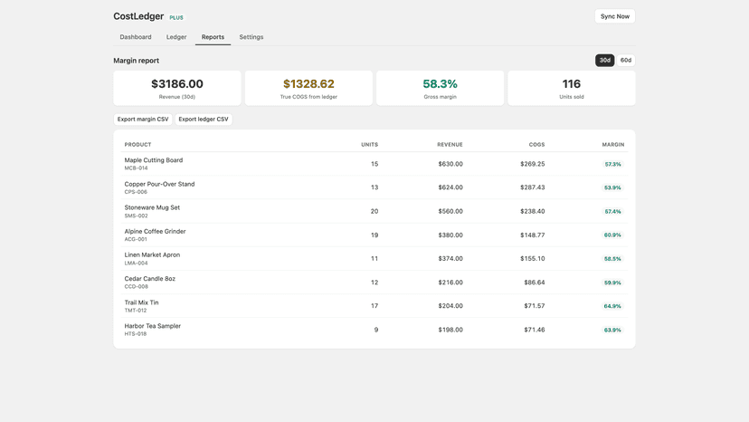 30-day margin report: revenue, true COGS, margin