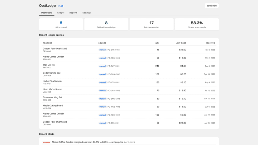 CostLedger dashboard with cost summary and ledger entries