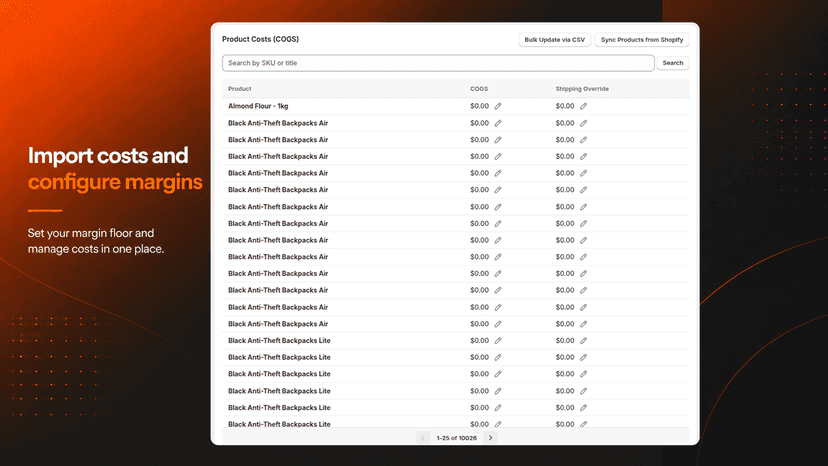 Configure product costs and margin settings
