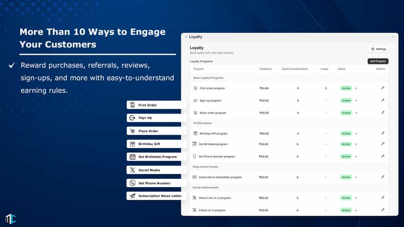 Loyalty rewards dashboard with earning rules.