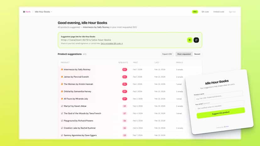 Hark Dashboard showing widget modal