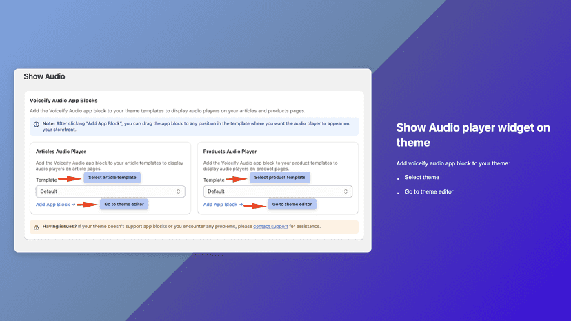 Select template to add Voiceify app block on theme