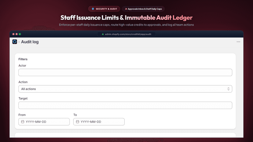 Audit log table listing store credit transactions with filters