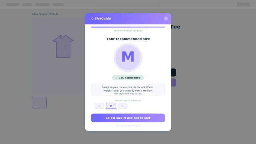 Size recommendation widget on a Shopify product page