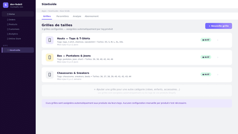 Size recommendation widget on a Shopify product page